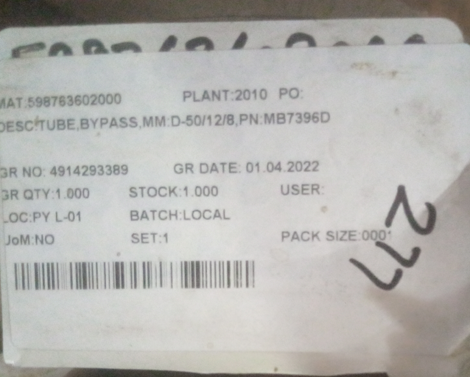 TUBE,BYPASS,MM:D-50/12/8,PN:MB7396D - mjvaluemart